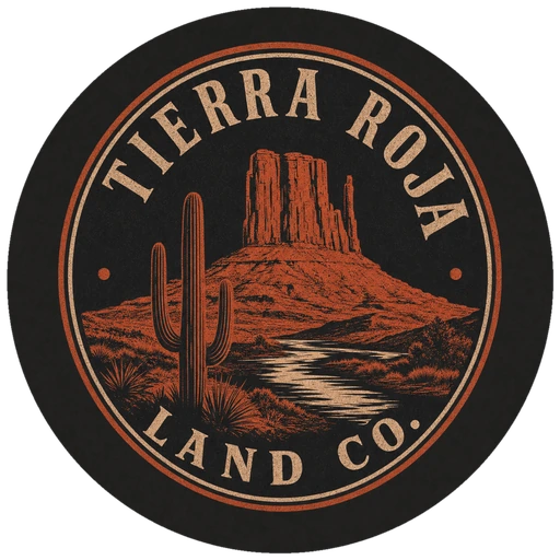 Tierra Roja Land Co. — desert mesa badge with saguaro and river